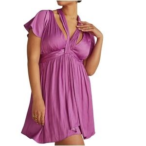 Anthropologie Womens Deep V Neck Vibrant Mini Dress Size‎ 12 Purple Satin